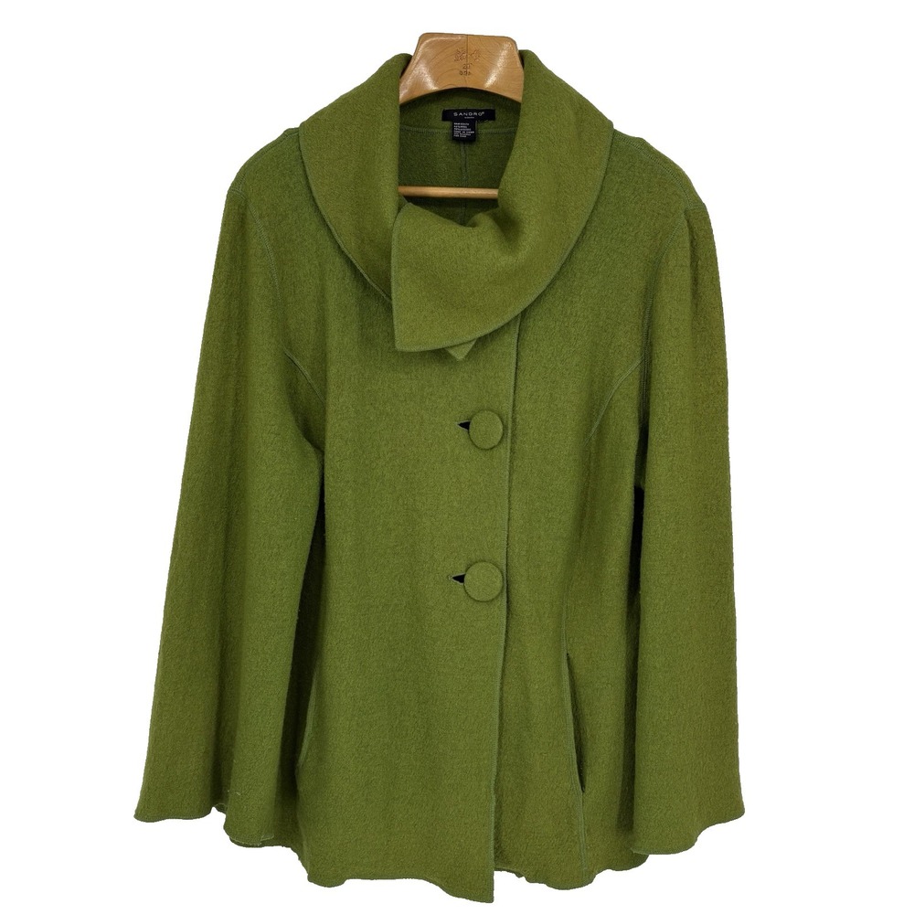Sandro Womens Wool Blend Cowl Neck Jacket 2X Green Buttons Lagenlook Indie
